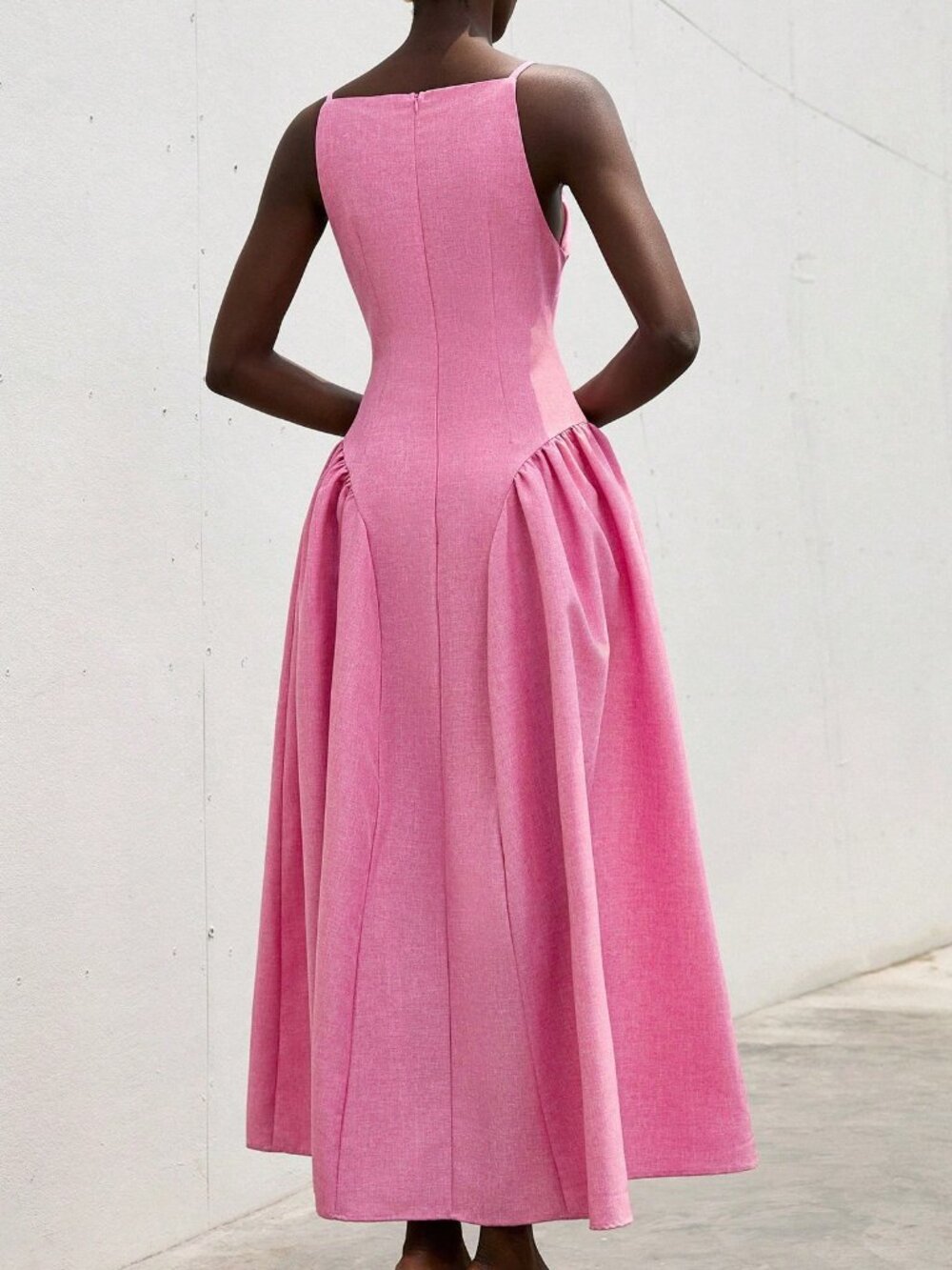Pink Casual Women's Elegant Sleeveless Tie-Waist Pleated Flare Dress - Picture 2 of 5